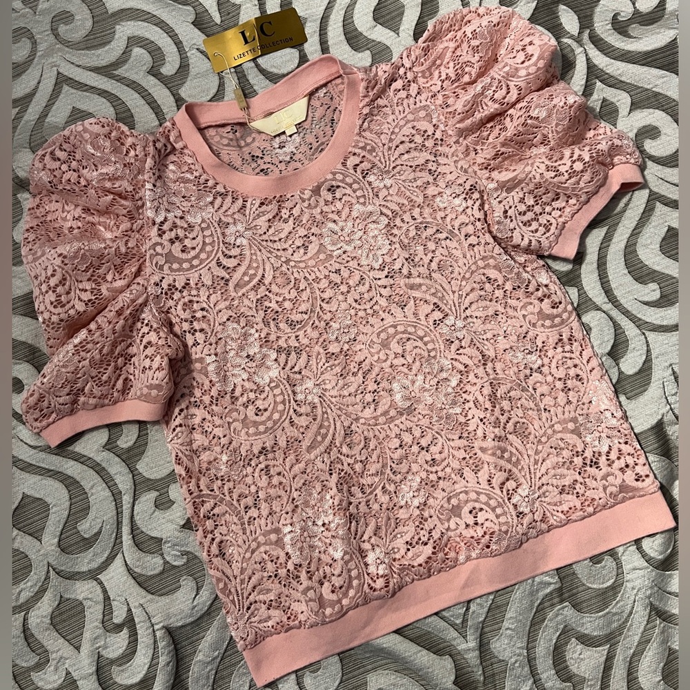Lizette Collection Dusty Blush Lace Top with Puff Sleeves L NWT
